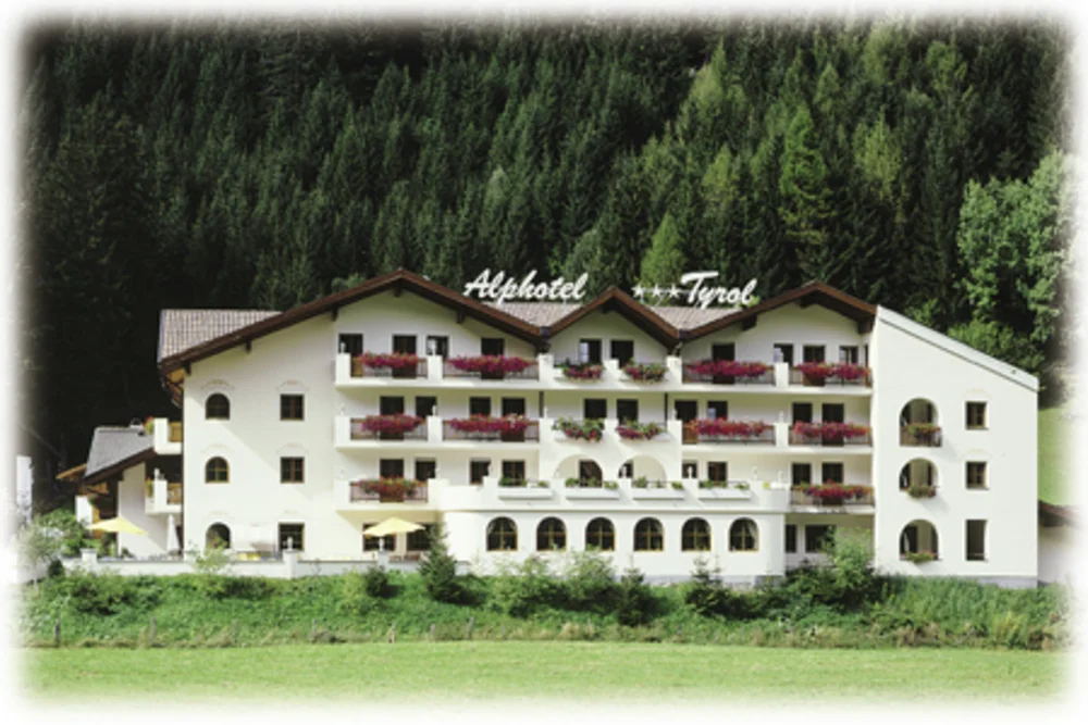Print version of the Alphotel Tyrol facade photo with a soft edge — suitable for brochures and cover pages.