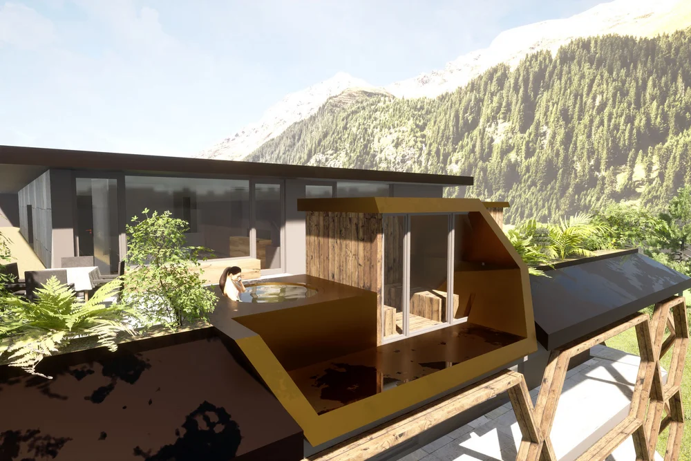 Alpura Suite – Private Terrasse mit Whirlpool und Bergblick Private Terrasse einer Alpura-Suite mit Whirlpool und Panoramablick auf die Bergwelt Ratschings. Eine Holzkabine mit großen Glasflächen grenzt an den Außenbereich, umgeben von üppiger Bepflanzung.
