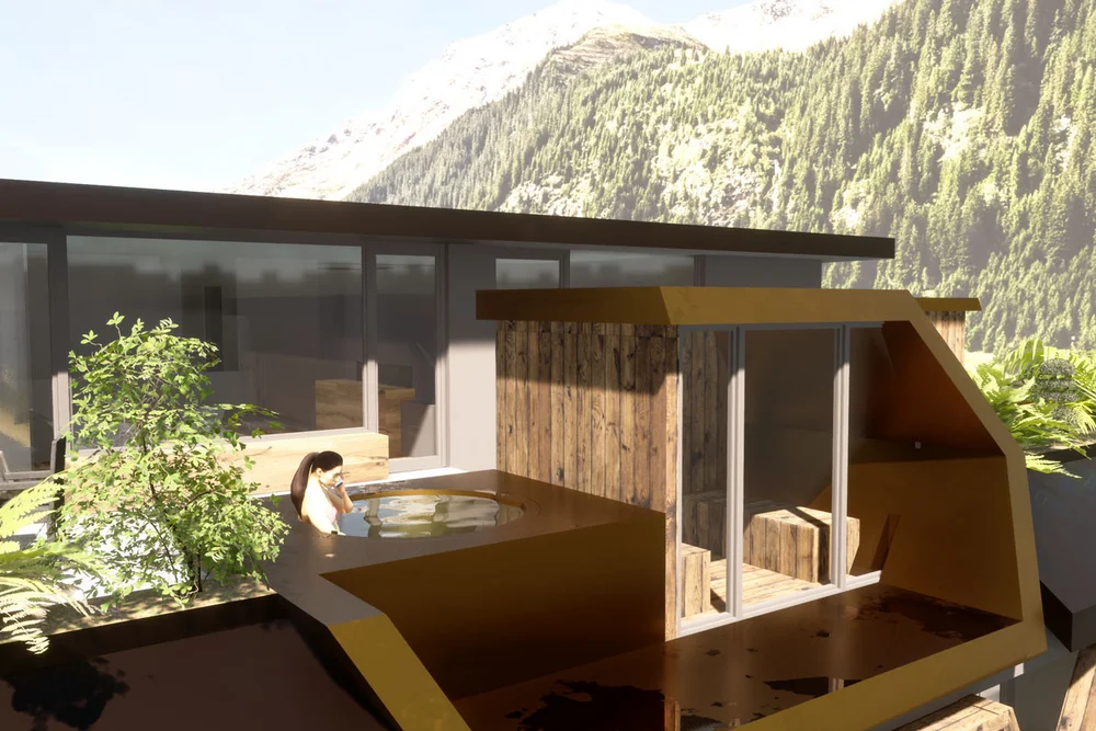 Private terrace of an Alpura suite with whirlpool and own sauna, panoramic views of the Ratschings mountains. The glass-fronted sauna borders the outdoor area, surrounded by lush greenery.